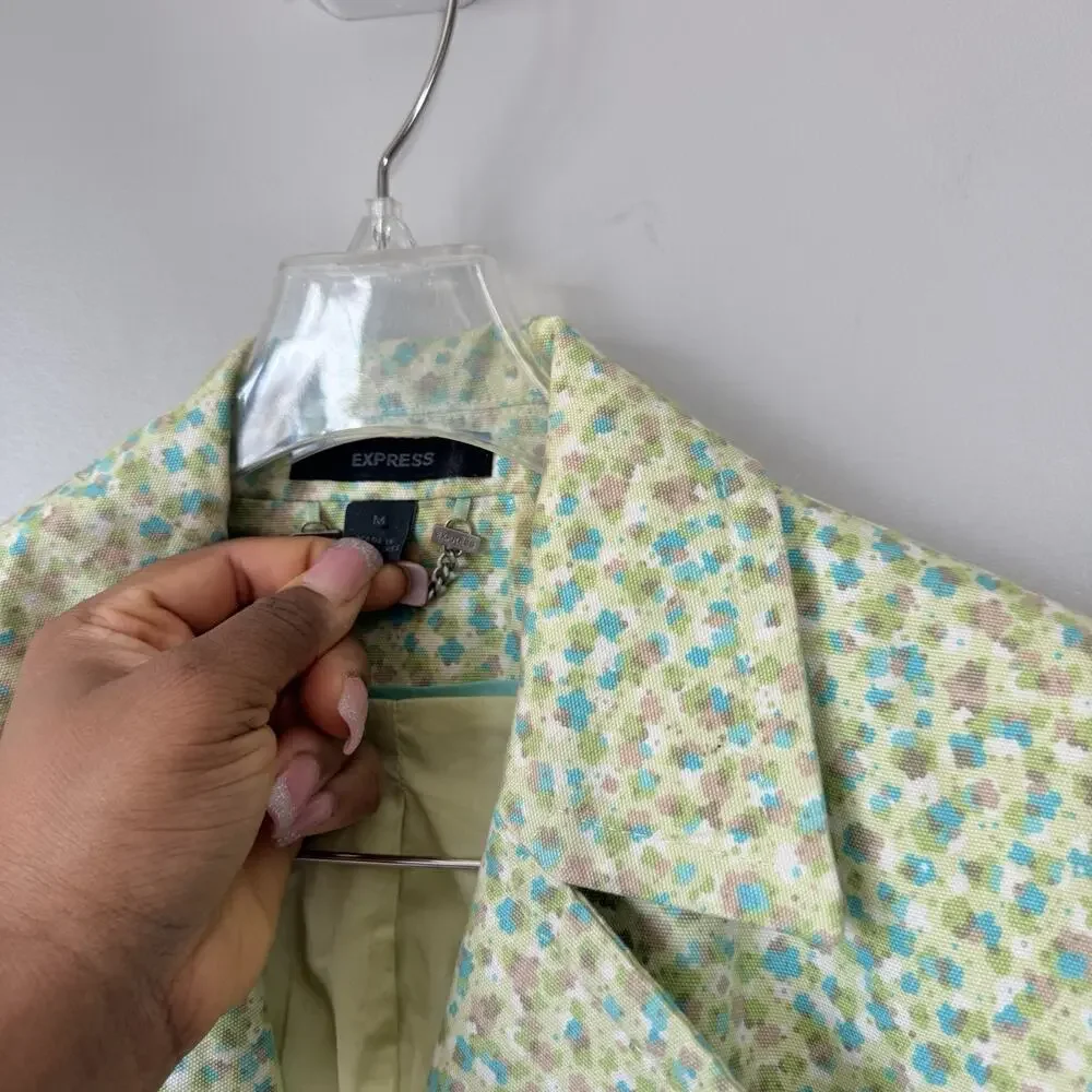 VTG Express Green Ditsy Floral Coat Long Jacket M Retro 90s Y2K Cottagecore - Picture 3 of 6